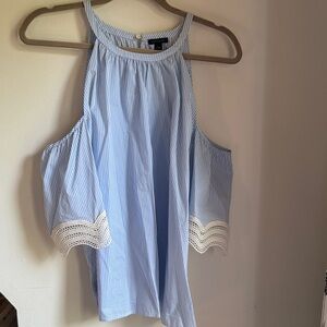 Ann Taylor Blue Striped Blouse with Lace Detail